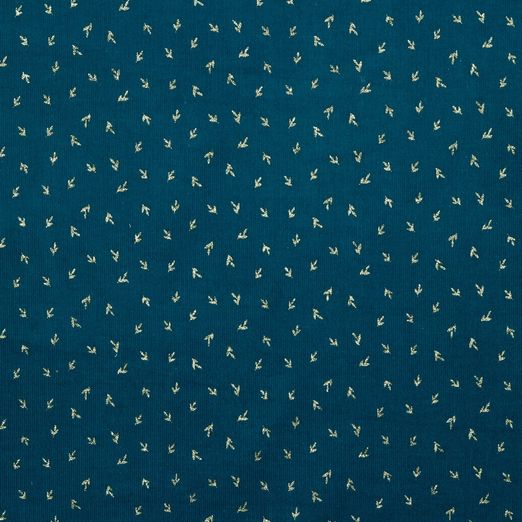 Feincord GLITZER Small Leaves auf Grünblau