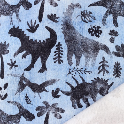 Sommersweat Jeansoptik Dinos und Pflanzen Hellblau Digital