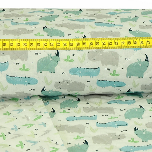 Kindersteppstoff Double Face Flusstiere & Blätter Mint/Hellblau/Grau Kindersteppstoff Double Face Flusstiere & Blätter Mint/Hellblau/Grau