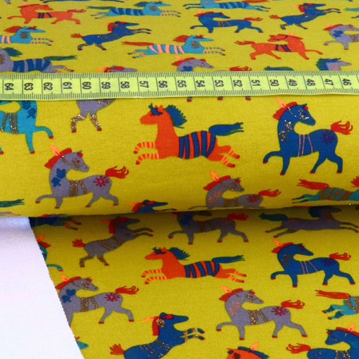 Sommersweat Happy Horses mit GLITZER Senfgelb Sommersweat Happy Horses mit GLITZER Senfgelb