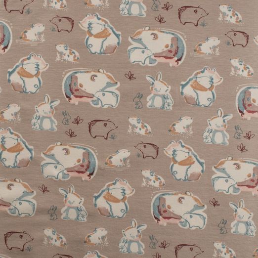 Jersey Bären und Hasen Rosa auf Beige