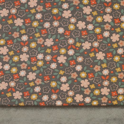 Alpenfleece Bunte Blumen und Blüten auf Taupe Alpenfleece Bunte Blumen und Blüten auf Taupe