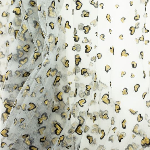 Soft Tüll Flockdruck Herz mit Goldglitzer Weiß