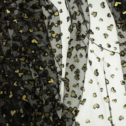Soft Tüll Flockdruck Herz mit Goldglitzer Schwarz