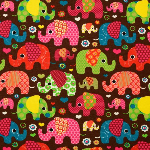 Jersey Bunte Elefanten auf Braun Jersey Bunte Elefanten auf Braun