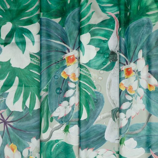 Regenjackenstoff Kakadu und Blätter auf Silbergrau Digital Regenjackenstoff Kakadu und Blätter auf Silbergrau Digital