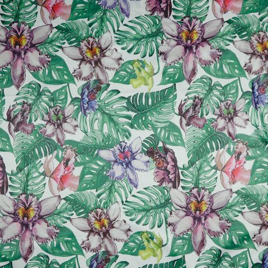 Regenjackenstoff Orchideen und Palmenblätter auf Creme Digital Regenjackenstoff Orchideen und Palmenblätter auf Creme Digital