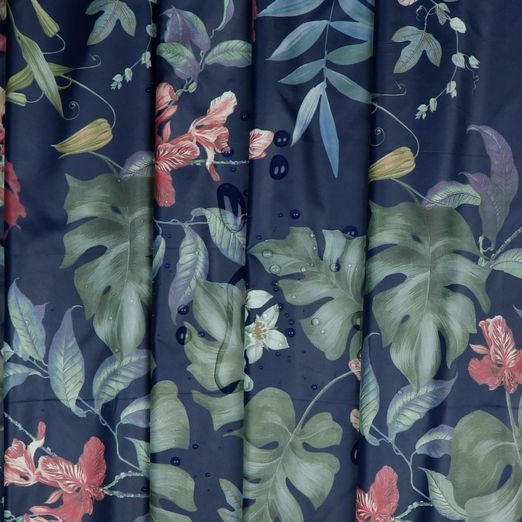 Regenjackenstoff Blumen und Palmenblätter auf Marine Digital Regenjackenstoff Blumen und Palmenblätter auf Marine Digital
