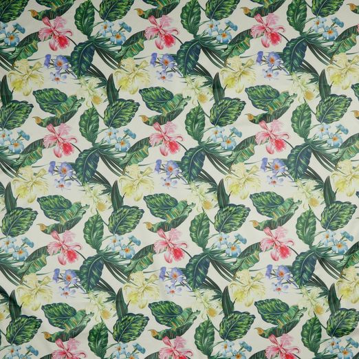 Regenjackenstoff Exotische Blumen und Blätter auf Hellbeige Digital Regenjackenstoff Exotische Blumen und Blätter auf Hellbeige Digital