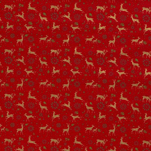 Baumwolle WEIHNACHTEN Golddruck Deer & Snowflakes auf Rot Baumwolle WEIHNACHTEN Golddruck Deer & Snowflakes auf Rot