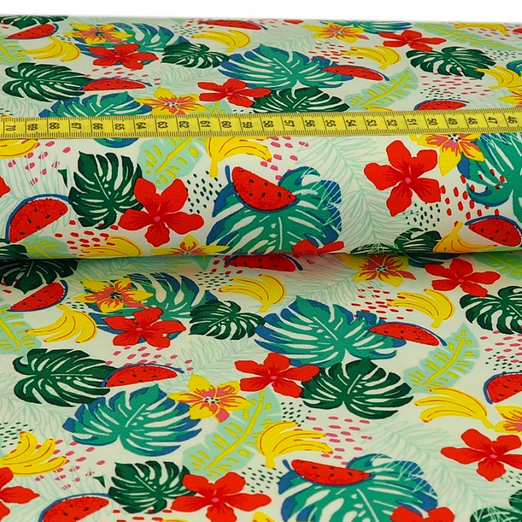 Jersey Fruity Flowers auf Weiß Jersey Fruity Flowers auf Weiß