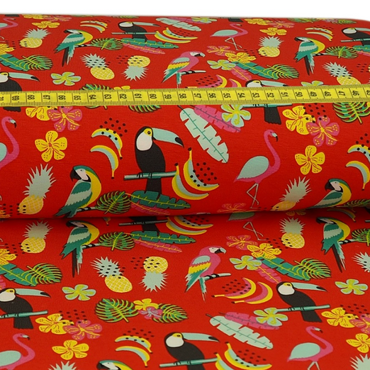 Jersey Parrots & Flowers auf Rot Jersey Parrots & Flowers auf Rot