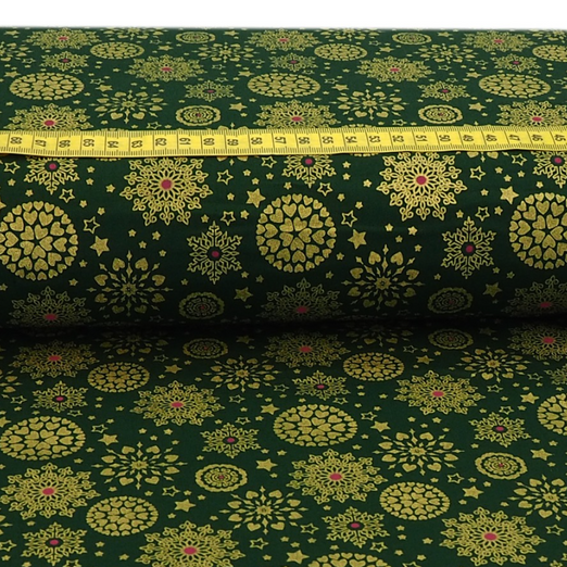 Baumwolle WEIHNACHTEN Golddruck Schneeflocken Dunkelgrün Baumwolle WEIHNACHTEN Golddruck Schneeflocken Dunkelgrün