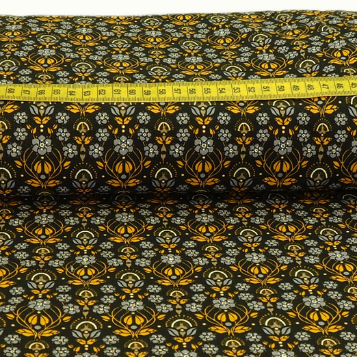 Baumwolle Blumenornamente Senfgelb auf Schwarz Baumwolle Blumenornamente Senfgelb auf Schwarz