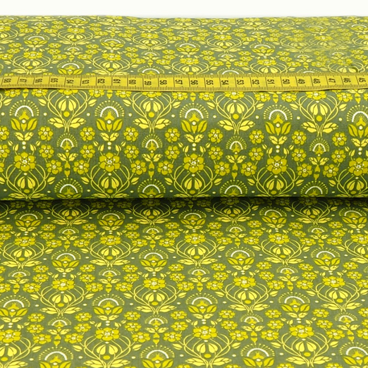 Baumwolle Blumenornamente Kiwi auf Khaki Baumwolle Blumenornamente Kiwi auf Khaki