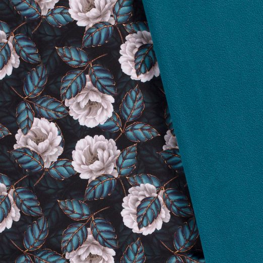 Softshell Pfingstrosen und Blätter Creme/Petrol Digital Softshell Pfingstrosen und Blätter Creme/Petrol Digital