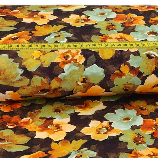Bekleidungsstoff Viskose Bunte Aquarell Blumen auf Dunkelbraun Digital