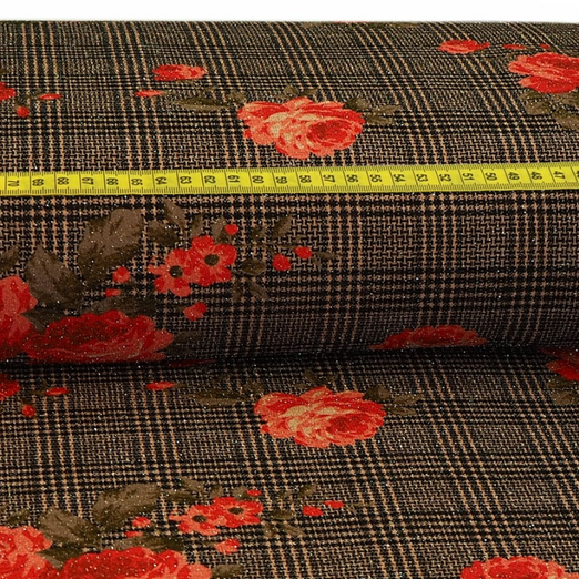 Stretch Lurex Jersey - Glitter Rosen auf Karo Braun/Altrosa Stretch Lurex Jersey - Glitter Rosen auf Karo Braun/Altrosa