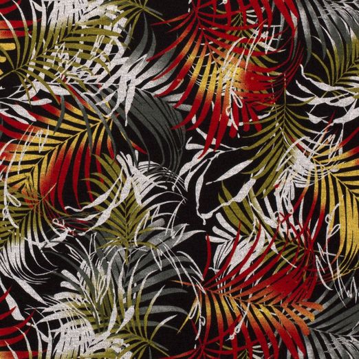 Romanit Jersey Kiwi/Dunkelrote Palmenblätter auf Schwarz