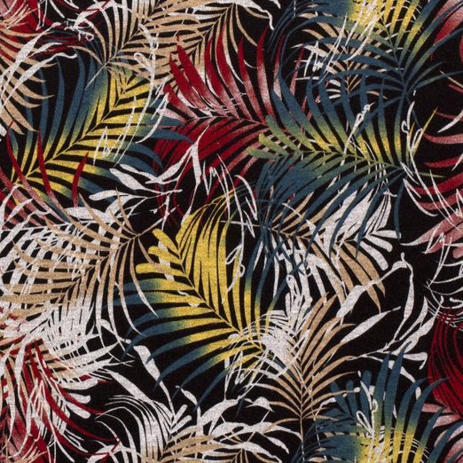 Romanit Jersey Petrol/Dunkelrote Palmenblätter auf Schwarz