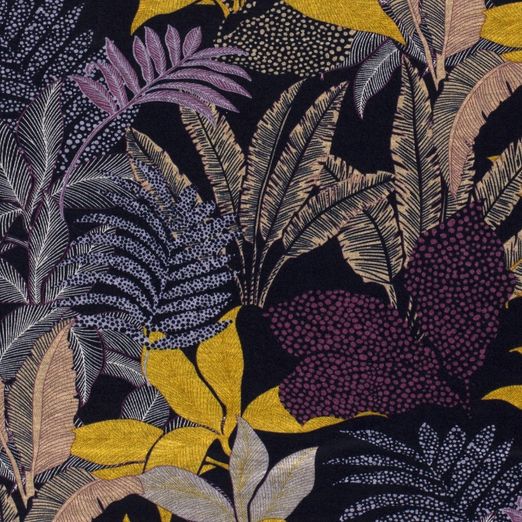 Romanit Jersey Bunte Palmenblätter Altrosa/Senfgelb auf Dunkelblau Romanit Jersey Bunte Palmenblätter Altrosa/Senfgelb auf Dunkelblau