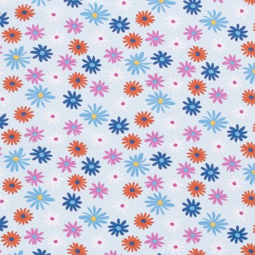 Jersey Dreifarbige Blumen auf Hellblau