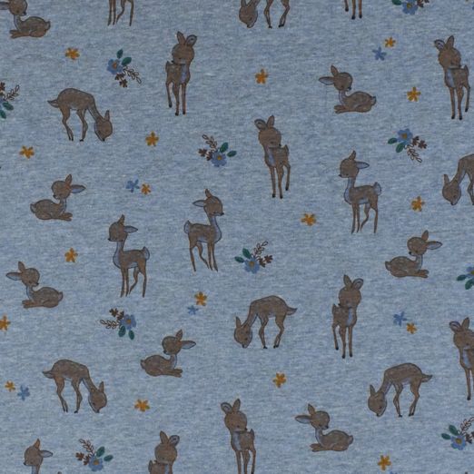 Alpenfleece Rehlein & Blumen auf Blau Meliert