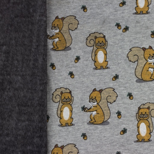 Alpenfleece Eichhörnchen und Eicheln auf Grau Meliert