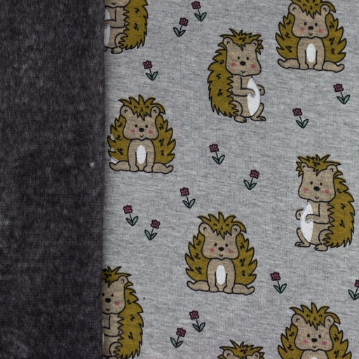 Alpenfleece Igelchen und Blumen auf Grau Meliert