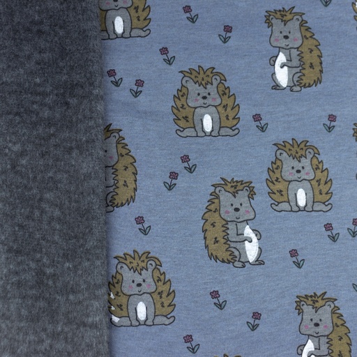 Alpenfleece Igelchen und Blumen auf Jeansblau Meliert