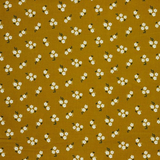 Feincord GLITZER Small Flowers auf Senfgelb Feincord GLITZER Small Flowers auf Senfgelb
