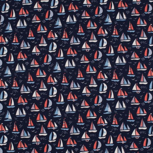 Jersey Segelboote Blau/Koralle auf Dunkelblau Jersey Segelboote Blau/Koralle auf Dunkelblau