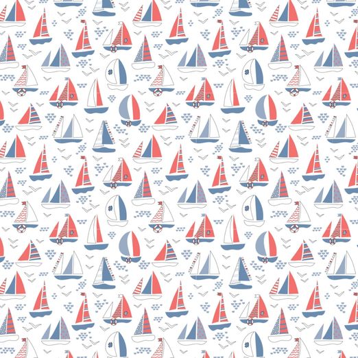 Jersey Segelboote Blau/Koralle auf Weiß