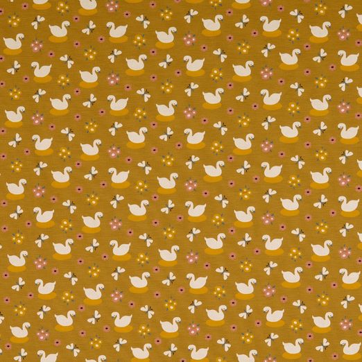 Jersey Schwäne im Teich Ockergelb PIGMENTDRUCK ORGANIC Jersey Schwäne im Teich Ockergelb PIGMENTDRUCK ORGANIC