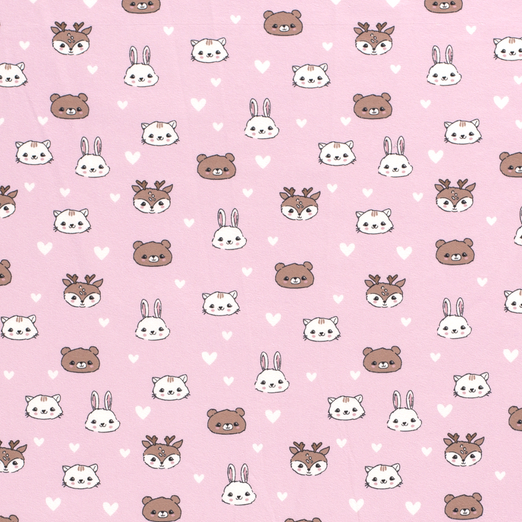 Jersey Süße Tiergesichter & Herzen auf Hellrosa