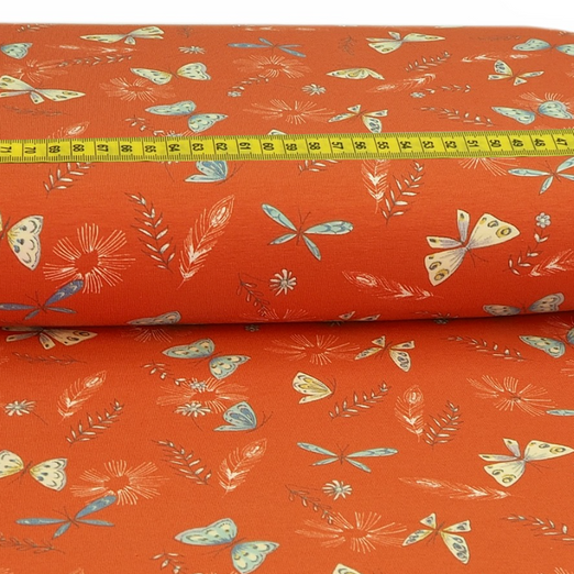 Jersey Butterflies & Feathers auf Lachsorange Jersey Butterflies & Feathers auf Lachsorange