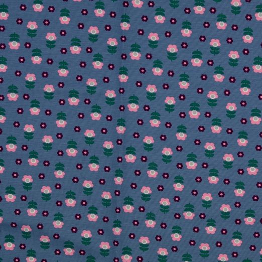 Jersey Retro Blüten & Blümchen auf Rauchblau