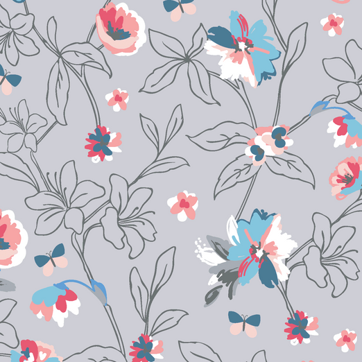 Jersey Lilien & Schmetterlinge auf Hellgrau