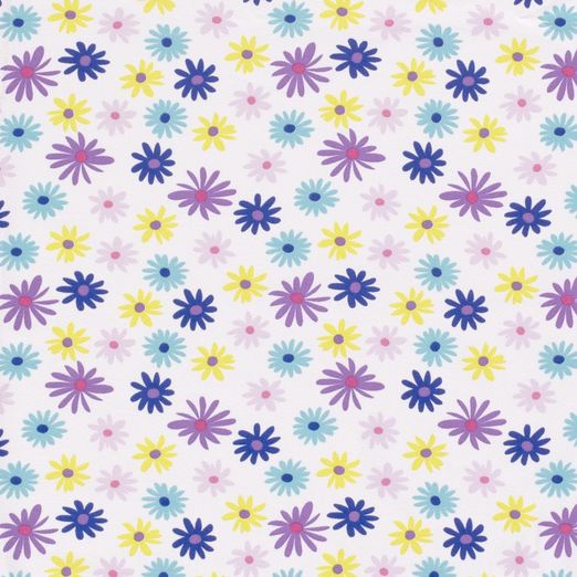 Jersey Dreifarbige Blumen auf Weiß