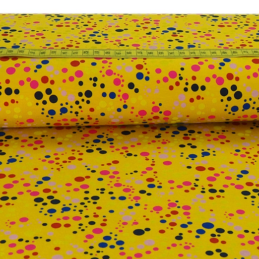Jersey Bunte Punktewelt auf Senfgelb Jersey Bunte Punktewelt auf Senfgelb