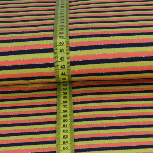 Jersey LUREX Streifen Dunkelblau/Senf/Koralle