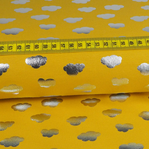 Jersey Foliendruck Wolken Silber auf Senfgelb Jersey Foliendruck Wolken Silber auf Senfgelb