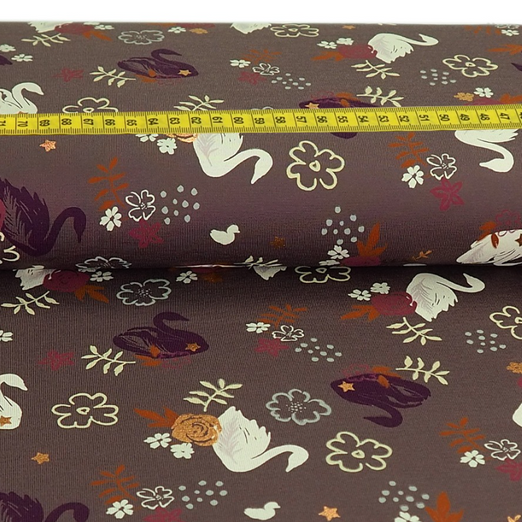 Jersey FOLIENDRUCK Schwäne & Blumen auf Aubergine