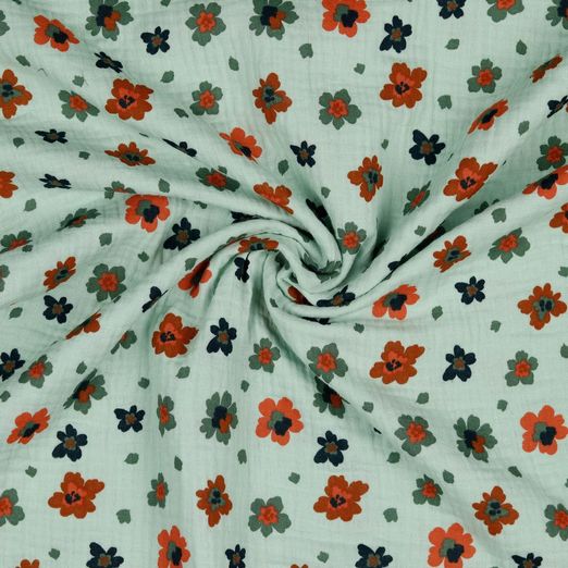 Musselin Blüten auf Hellmint BIO Musselin Blüten auf Hellmint BIO