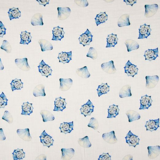 Musselin Blaue Muscheln auf Creme Digital Musselin Blaue Muscheln auf Creme Digital