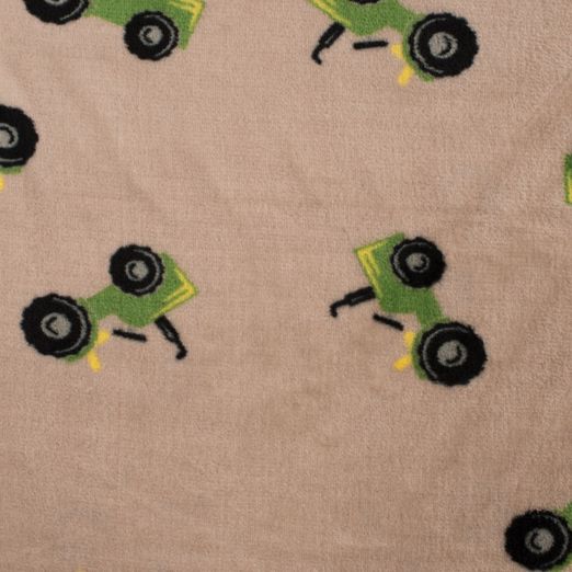 Kuschelfleece Double Face Traktor auf Dunkelbeige