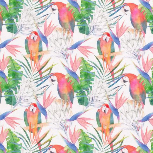 Jersey Papageien und Palmenblätter auf Weiß Digital