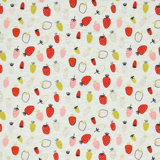 Jersey Erdbeeren auf Ecru Meliert Jersey Erdbeeren auf Ecru Meliert