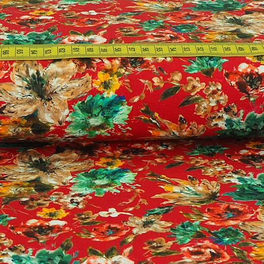 Jersey Elegance Flowers auf Dunkelrot Jersey Elegance Flowers auf Dunkelrot