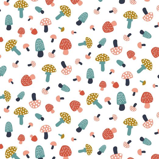 Jersey Colourful Mushrooms auf Weiß BIO Jersey Colourful Mushrooms auf Weiß BIO